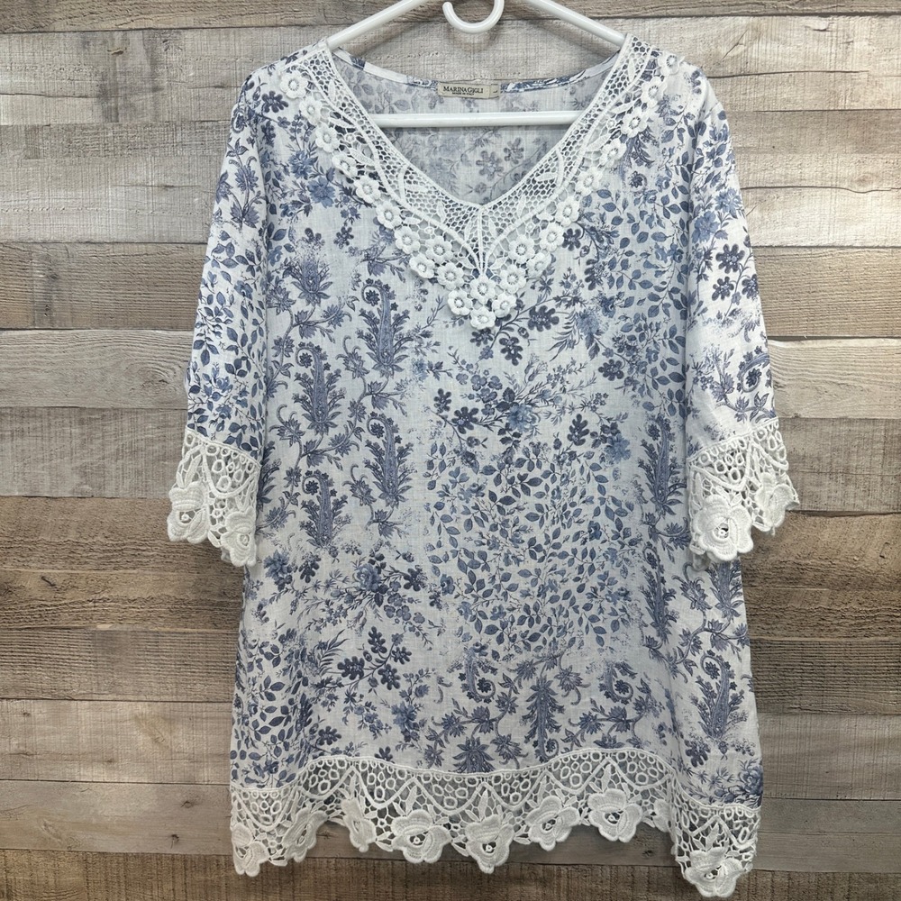 Marina Gigli Italy Linen Floral Paisley Lace Trim Tunic Top Blue White Large